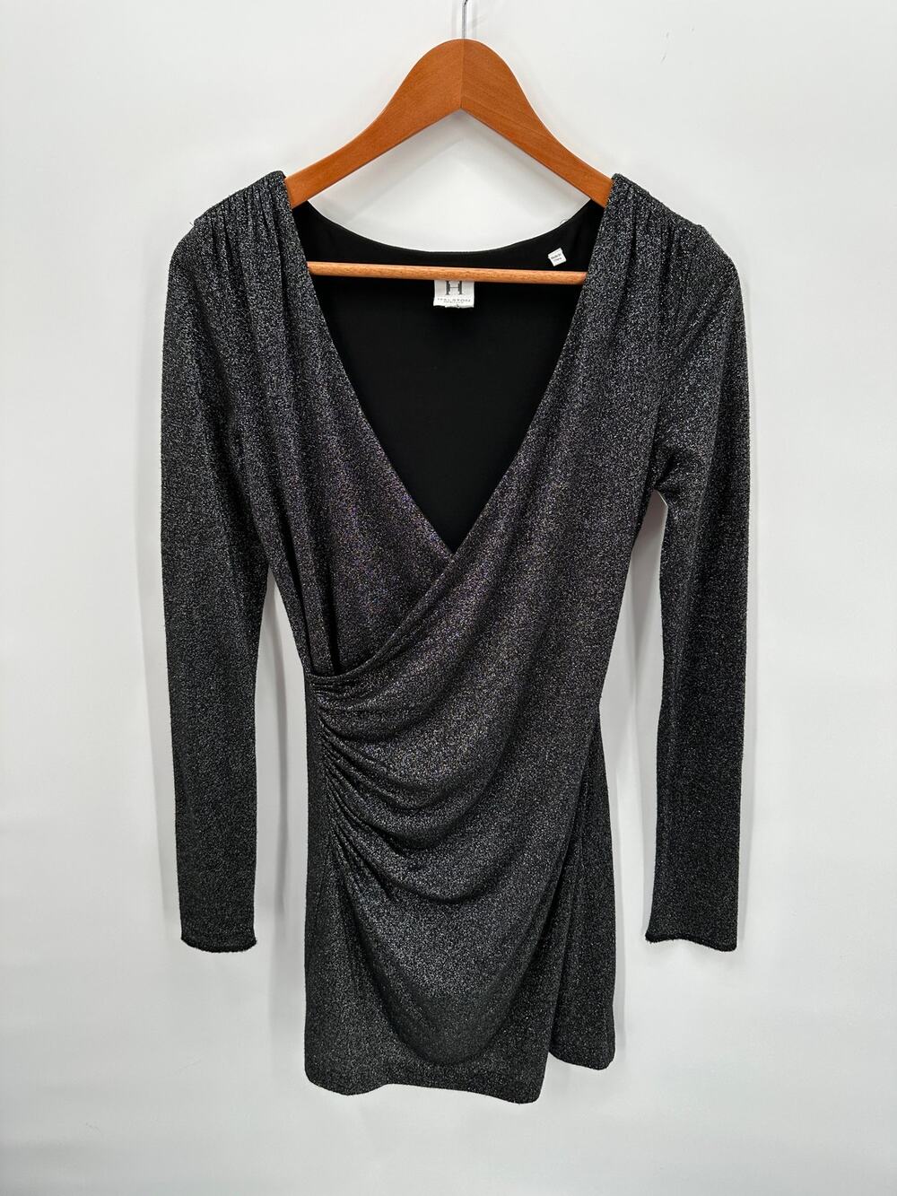 HALSTON HERITAGE Shimmer Faux Wrap V Neck Long Sleeve Bodycon Mini Dress // 4